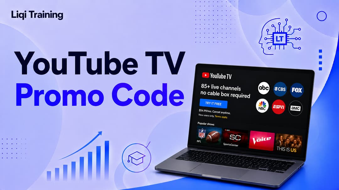 Image; YouTube TV promo with tech design for YouTube TV Promo Code - Deals and Discounts, Special Offers, and the Truth About the $54.99 Plan: Liqi Training